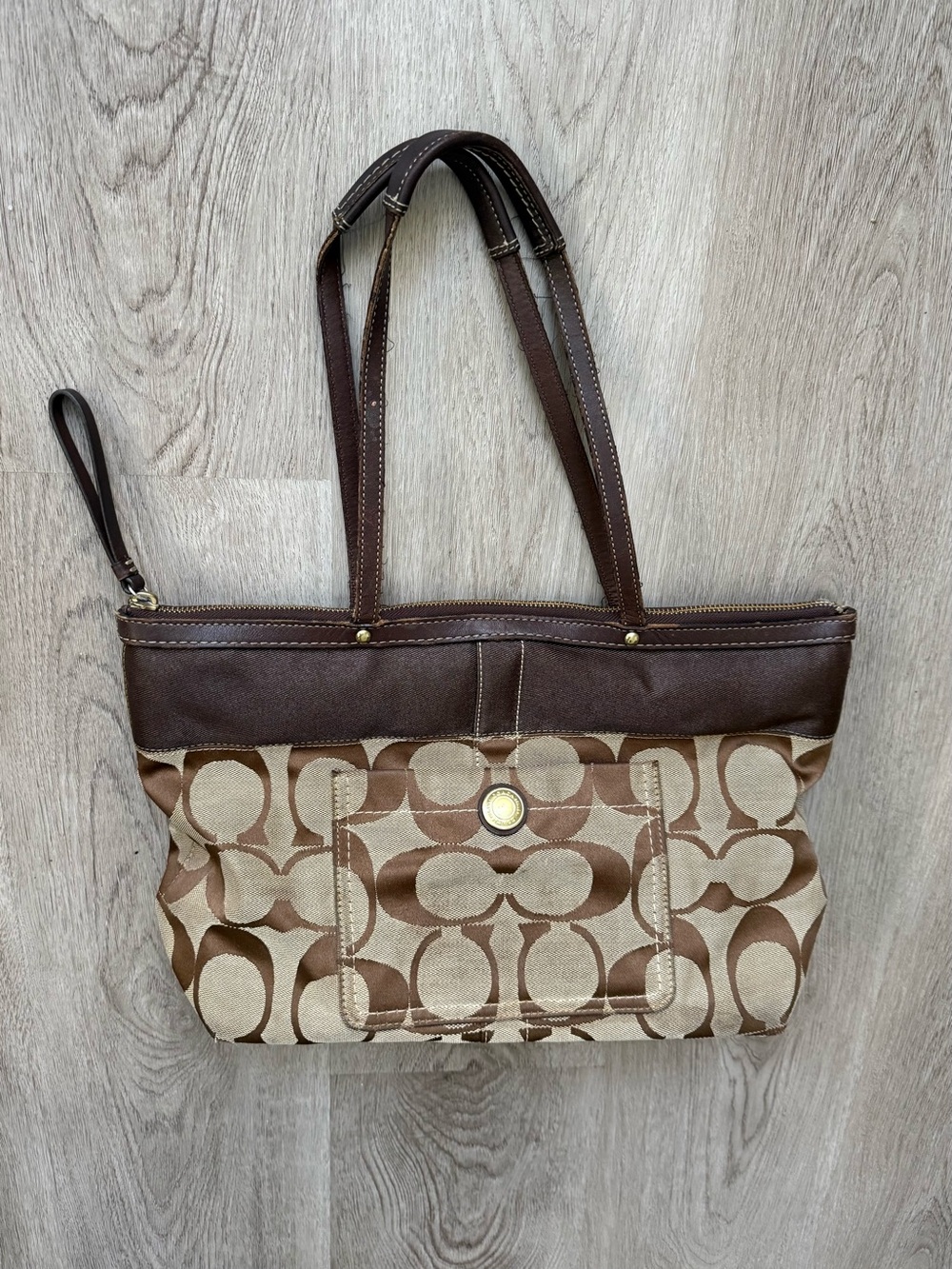 Coach Brown Signature Canvas Tote with Dark Brown Leather Trim